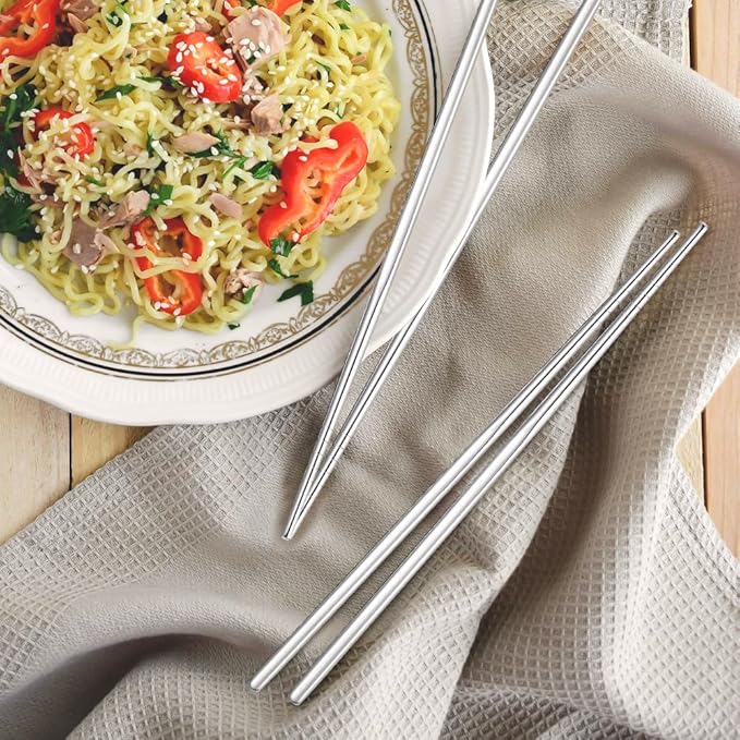 10 Pairs Chopstick Set Stainless Steel 304 Silver Reusable Chop Sticks Lightweight Metal Tableware Square Non-Slip Dishwasher Safe Kitchen Dinning Utensils Gift