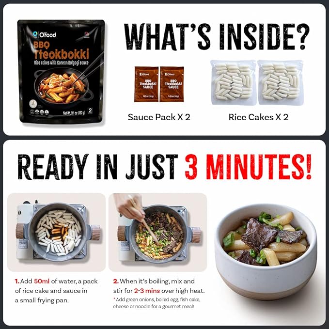 O’Food Tteokbokki Korean Rice Cakes – [BBQ | Pack of 1] – Healthy/Savory/Bold/Fiery, 0 Cholesterol/ 0 Trans Fat/No MSG/No Corn Syrup, Spicy Street Snack, Ready in Minutes