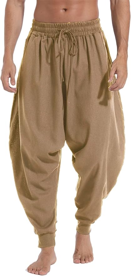 AITFINEISM Men's Drawstring Aladdin Hippie Harem Pants Loose Drop Crotch Trousers