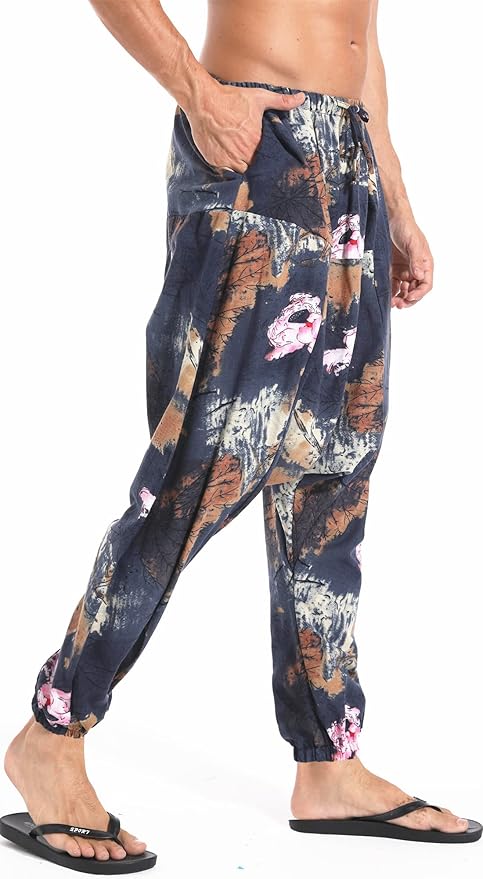 AITFINEISM Men's Drawstring Aladdin Hippie Harem Pants Loose Drop Crotch Trousers