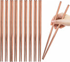 10 Pairs Rose Gold Chopsticks Set Stainless Steel 304 Reusable Non-slip Line Design Metal Chop Sticks for Cooking and Eating Kitchen Utensils Dishwasher Safe Tableware Gift Set