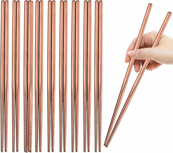 10 Pairs Rose Gold Chopsticks Set Stainless Steel 304 Reusable Non-slip Line Design Metal Chop Sticks for Cooking and Eating Kitchen Utensils Dishwasher Safe Tableware Gift Set