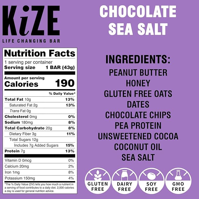 KiZE Energy Bars - Gluten Free, Dairy Free, Non-GMO, and High Protein Meal Replacement Energy Bars, Clean & Simple Food Ingredients - Chocolate Lovers Variety Pack, 9g High Protein Snacks, (10 Count)