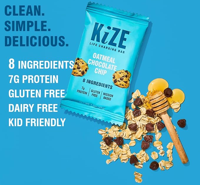 KiZE Energy Bars - Oatmeal Chocolate Chip - Gluten Free, Dairy Free, Non-GMO, and High Protein Meal Replacement Energy Bars, Clean and Simple Food Ingredients - Cookie Dough, 7g High Protein Snacks, (10 Count)
