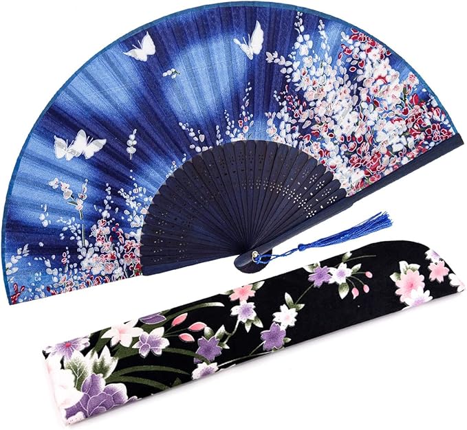 Amajiji 8.27"(21cm) Hand Held Bamboo Silk Folding Fan Hand Fan,Chinese/Japanese Charming Elegant Vintage Retro Style,Women Ladys Girls Best Gifts (Blue Butterfly)