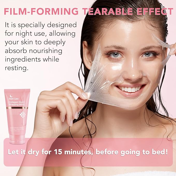 Collagen Overnight Wrapping Peel Off Facial Mask, Collagen Night Wrapping Mask, Hydrating Anti Wrinkle Lifting for All Skin Types, Firming&Elasticity Sleeping Mask (Brush Included)