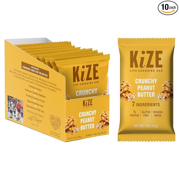 KiZE Energy Bars - Gluten Free, Dairy Free, Non-GMO, & High Protein Meal Replacement Energy Bars, Meal Bar, Clean & Simple Food Ingredients - Crunchy Peanut Butter, 7g High Protein Snacks, (10 Count)