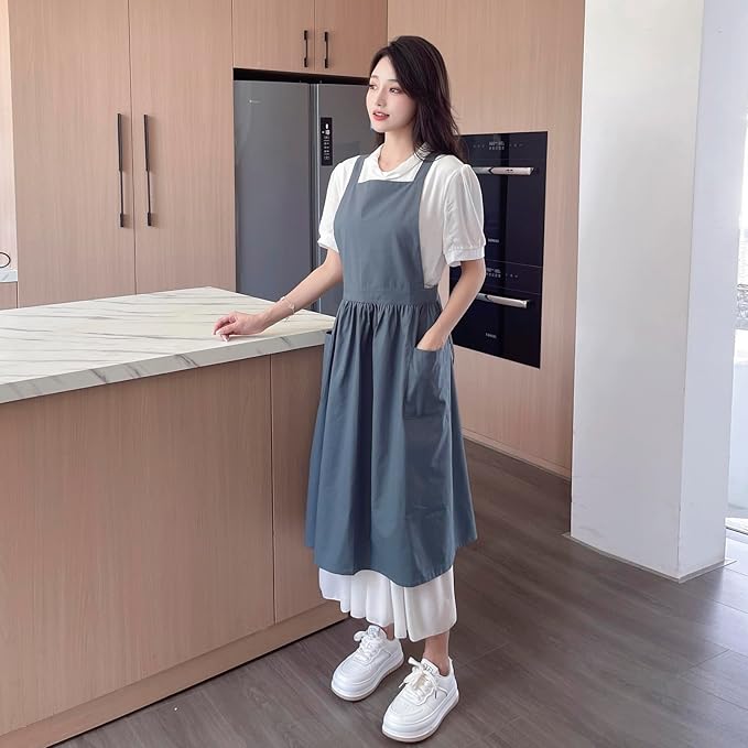 Pinafore Apron Dress，Japanese Cotton Linen Cross Back Apron for Women with Pockets，Pinafore Dress with Waist Ties (Turquoise Blue)
