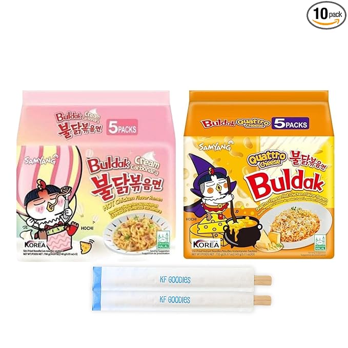 Samyang Buldak Hot Spicy Chicken Ramen Noodle Korean Stir-Fried Ramen, Cream Carbonara & Quattro Cheese Flavor (5 Pack Each)
