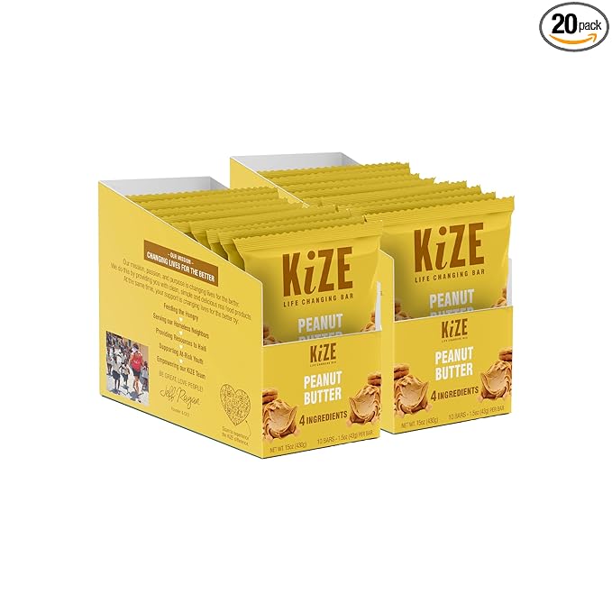 KiZE Energy Bars - Gluten Free, Dairy Free, Non-GMO, and High Protein Meal Replacement Energy Bars, Meal Bar, Clean and Simple Food Ingredients - Peanut Butter, 10g High Protein Snacks, (20 Count)