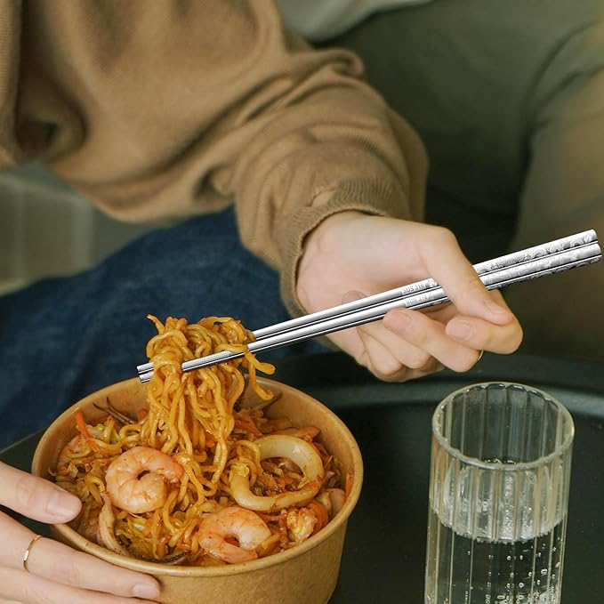 5 Pairs Dragon Chopsticks Set Premium Stainless Steel 316 Kitchen Dinning Utensils Silver Reusable Metal Chop Sticks Tableware Gift Set 9.26 Inches