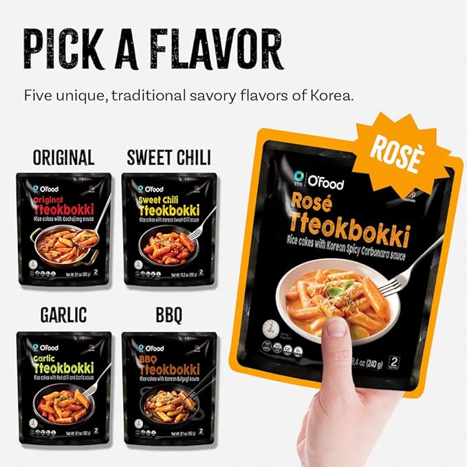 Chung Jung One O'Food Rose Spicy Carbonara Tteokbokki, Gluten-Free Korean Rice Cakes, Authentic Spicy Korean Street Food Snack, Perfect with Cheese and Ramen Noodles, Ready to Eat, No MSG, No Corn Syrup, Pack of 2