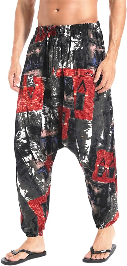 AITFINEISM Men's Drawstring Aladdin Hippie Harem Pants Loose Drop Crotch Trousers