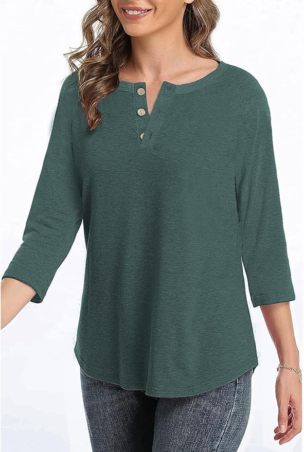 3/4 Sleeve Shirts for Women Crewneck Button Down Tunic Tops Raglan T Shirt