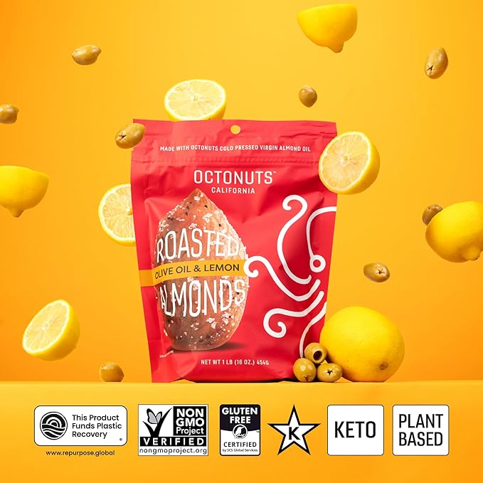 Octonuts Dry Roasted Olive Oil & Lemon Almonds (16oz) Healthy Snack for Adults and Kids - Plant Protein with Fiber, Calcium, and Iron - Low Carb, Low Calorie - Non-GMO and Gluten-Free