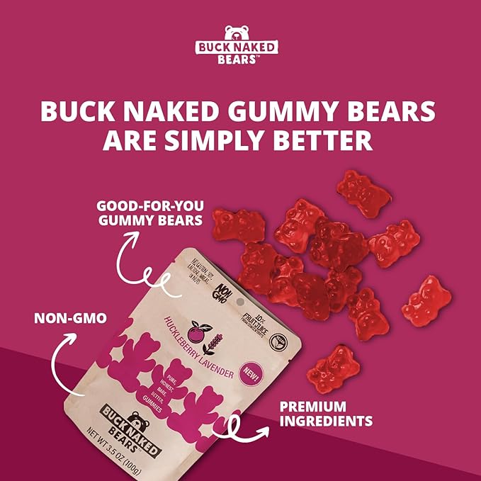 Buck Naked Bears - Huckleberry Lavender Gummy Bears - Soft, Smooth, and Sweeter Like a Fruit Snack - Plant-Based Gummies Good Snack Choice - Non-GMO - Clean Label Gummy Candy - Vegan 3.5oz 3-Pack