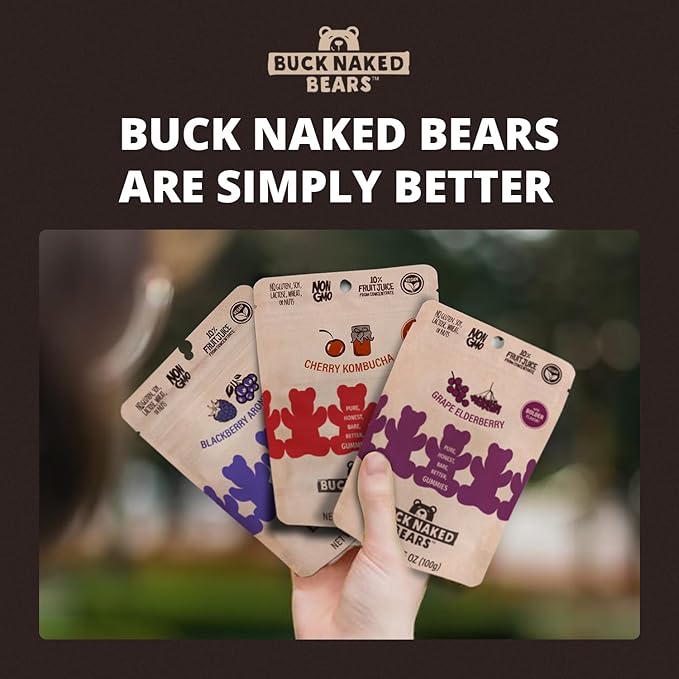 Buck Naked Bears - Variety Pack - Blackberry Aronia Berry, Cherry Kombucha, and Grape Elderberry - Plant-Based Gummies Good Snack Choice - Non-GMO - Clean Label Gummy Candy - Vegan 3.5oz 3-Pack