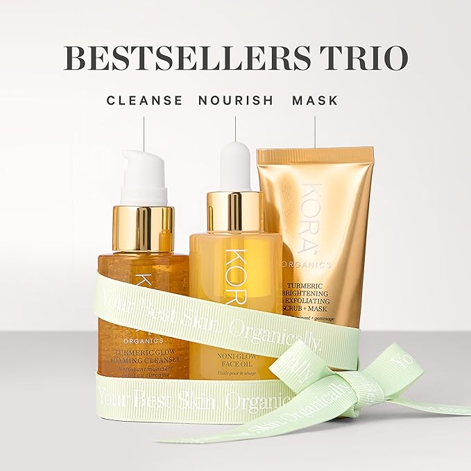 KORA Organics Best Sellers Trio, Gift Set with Noni Glow Face Oil, Turmeric Brightening & Exfoliating Mask and Foaming Cleanser (3 Items)