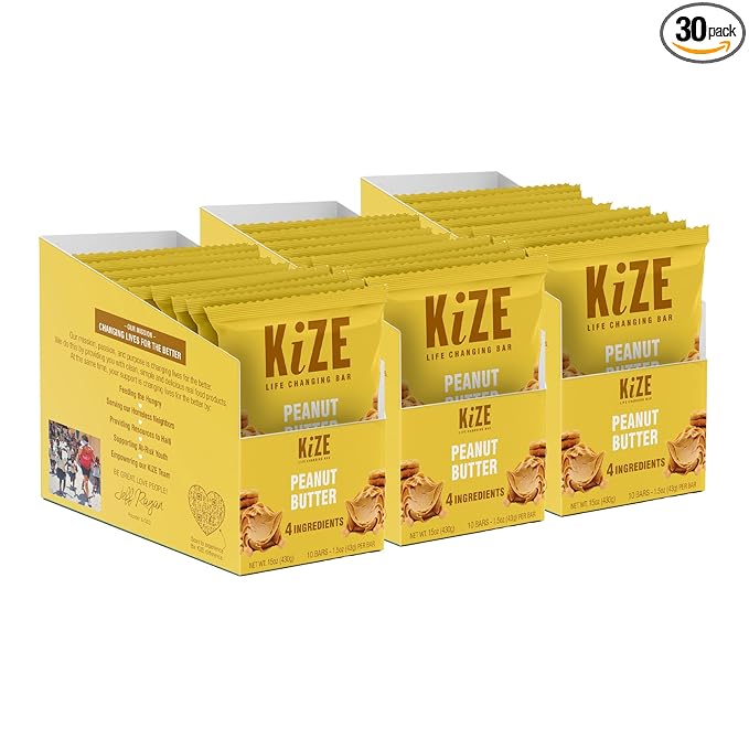 KiZE Energy Bars - Gluten Free, Dairy Free, Non-GMO, and High Protein Meal Replacement Energy Bars, Meal Bar, Clean and Simple Food Ingredients - Peanut Butter, 10g High Protein Snacks, (30 Count)