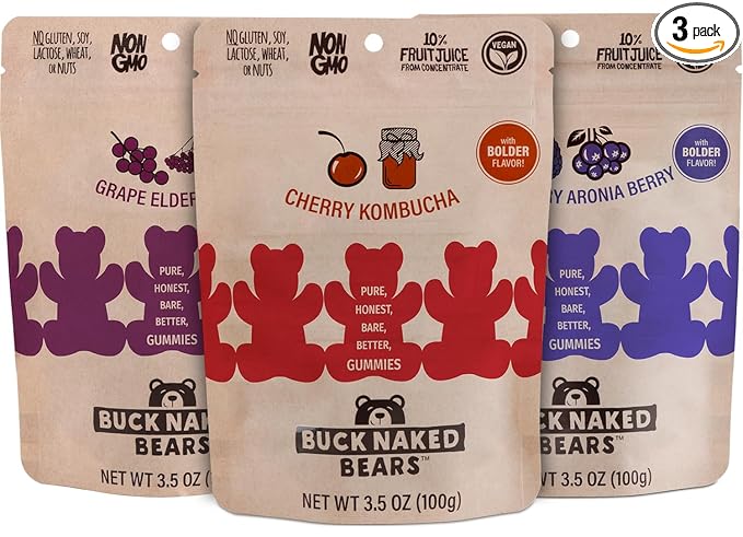 Buck Naked Bears - Variety Pack - Blackberry Aronia Berry, Cherry Kombucha, and Grape Elderberry - Plant-Based Gummies Good Snack Choice - Non-GMO - Clean Label Gummy Candy - Vegan 3.5oz 3-Pack