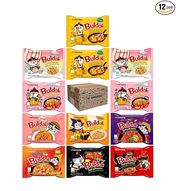 Samyang Buldak Hot Spicy Chicken Ramen Noodle Korean Stir-Fried Ramen (12 Pack, 2X Spicy, Carbonara (2), Cream Carbonara (2), Cheese (2), Habanero Lime, Original, Quattro Cheese, Rose, Tom Yum)