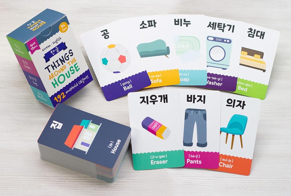 2-Pack Gift Set Korean Alphabet Flashcards for Toddlers, Preschoolers & Beginners | Hangul, Numbers, Colors, Shapes, + 196 Common Household Items Vocabulary