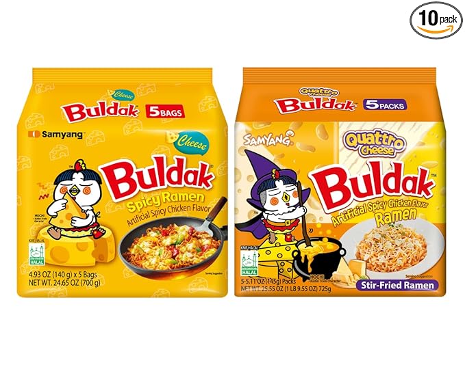 Samyang Buldak Hot Spicy Chicken Ramen Noodle Korean Stir-Fried Ramen (Cheese & Quattro Cheese) 5 Pack Each