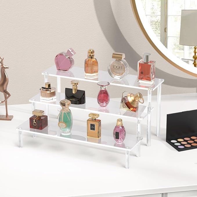 Acrylic 3 Tier Perfume Organizer Display, Cupcake Stand Holder, Large Shelf Risers for Figures, Dessert Shelves for Party, Riser Stand for Decoration and Organizer, Clear