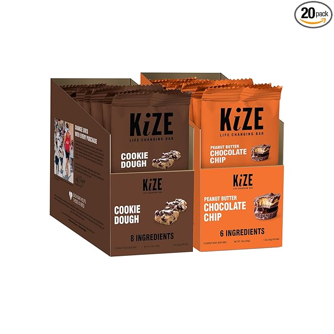 KiZE Energy Bars - Gluten Free, Dairy Free, Non-GMO, & High Protein Meal Replacement Energy Bars, Clean Food Ingredients - Peanut Butter Chocolate Chip & Cookie Dough Bundle, 9-10g Protein, (20 Count)