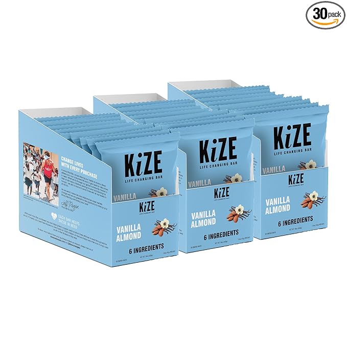 KiZE Energy Bars - Gluten Free, Dairy Free, Non-GMO, and High Protein Meal Replacement Energy Bars, Meal Bar, Clean and Simple Food Ingredients - Vanilla Almond, 9g High Protein Snacks, (30 Count)