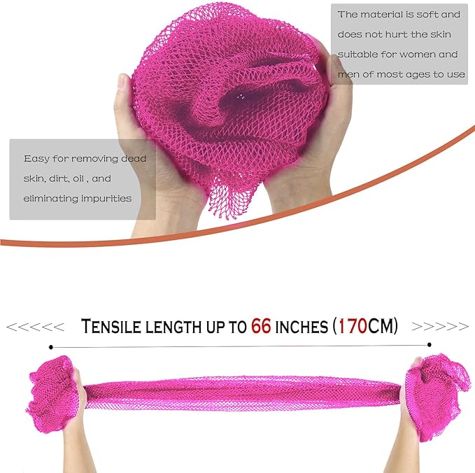 African Net Long Bath Net Sponge,JASSINS African Bathing Body Exfoliating Net Shower Body/ Back Scrubber Skin Smoother,Stretch Length to 66 INCH (Pink)