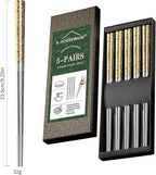 5 Pairs Gold Dragon Chopsticks Set Stainless Steel 316 Gold Plated Reusable Kitchen Dinning Eating Utensils Modern Chop Sticks Dishwasher Safe and Luxury Tableware Gift