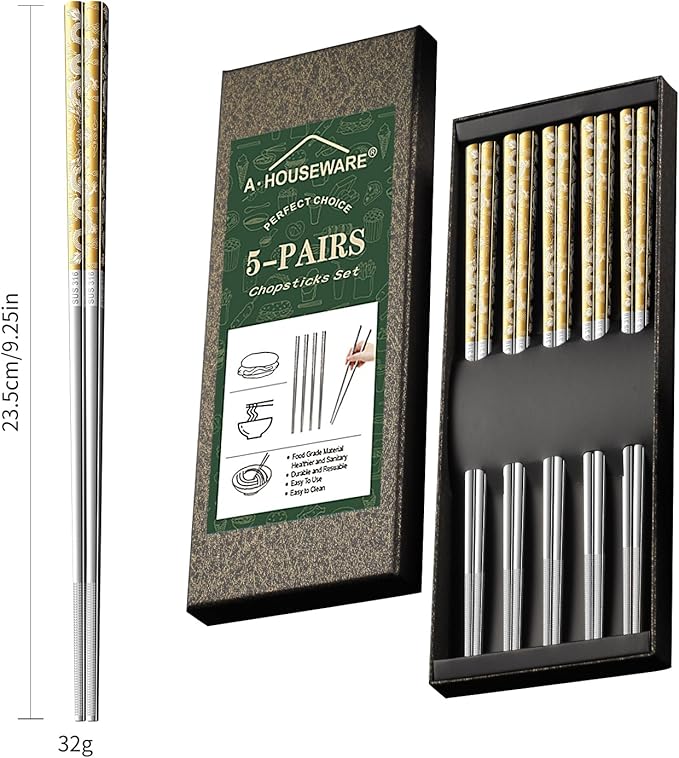 5 Pairs Gold Dragon Chopsticks Set Stainless Steel 316 Gold Plated Reusable Kitchen Dinning Eating Utensils Modern Chop Sticks Dishwasher Safe and Luxury Tableware Gift