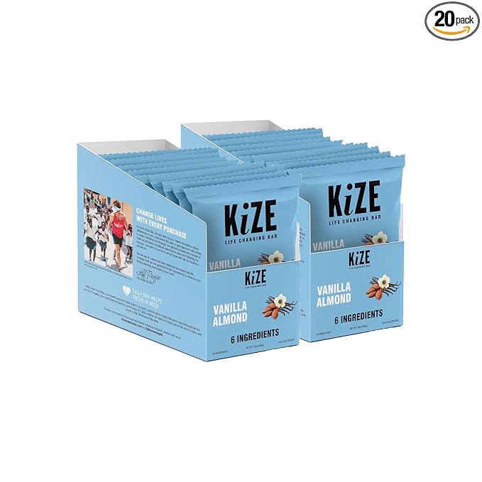 KiZE Energy Bars - Gluten Free, Dairy Free, Non-GMO, and High Protein Meal Replacement Energy Bars, Meal Bar, Clean and Simple Food Ingredients - Vanilla Almond, 9g High Protein Snacks, (20 Count)