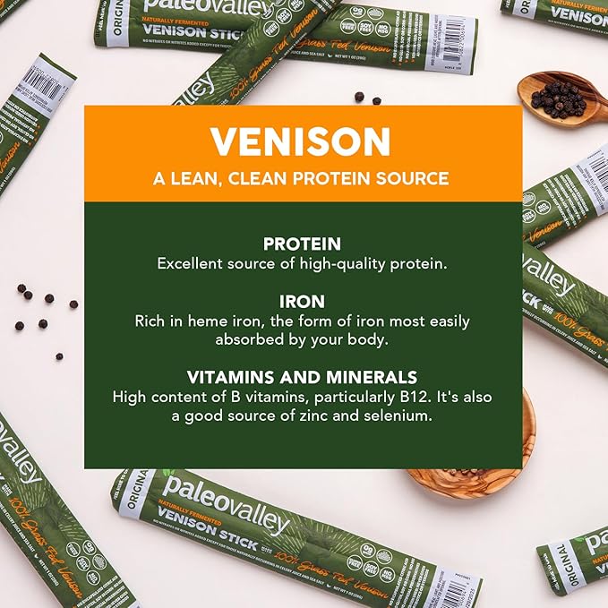 Paleovalley 100% Grass Fed Venison Sticks – 10 Pack – Keto-Friendly, High Protein, Low-Calorie Snack – Omega-3 Rich, Gluten-Free, Nitrate-Free, Naturally Flavored – Healthy On-the-Go Meat Snack