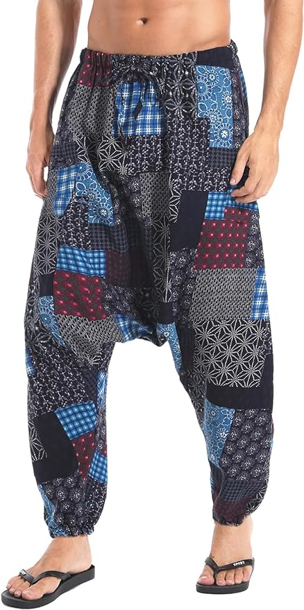 AITFINEISM Men's Drawstring Aladdin Hippie Harem Pants Loose Drop Crotch Trousers