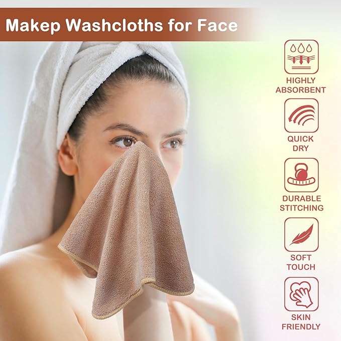 Makeup Remover Cloth 12 x 12 Inch, Reusable Makeup Remover Towels for Washing Face, 6 Pack Washable Microfiber Face Cloth Fast Drying Washcloth, Brown