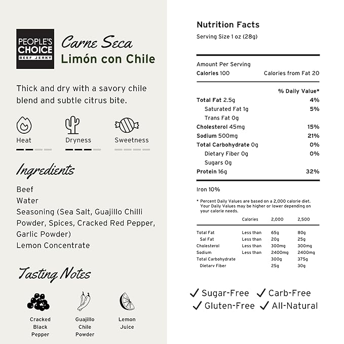 People’s Choice Beef Jerky – Carne Seca – Limón Con Chile – 16g Protein – Sugar Free, Zero Carb, Keto Friendly – Dry Texture – Made in USA – 1 Pound (16 oz) Bag