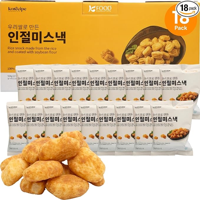 Korean Food Shinwhadang Korean Injeolmi (Korean Sweet Rice Cake) Snack (0.99 oz * 18 Packs) – Crispy Rice Snack with Roasted Soybean Coating (Total 17.8 oz)