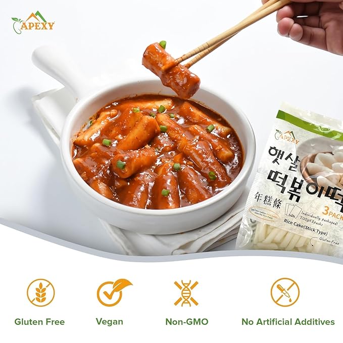 Apexy Korean Rice Cake Tteokbokkik Rice Cake, Chewy Tteok, Authentic Korean Street Food Snack, Perfect with Cheese and Ramen Noodles, No MSG, No Corn Syrup, Vegan and Gluten Free, Non-GMO 21.16 oz Stick Type Pack of 3
