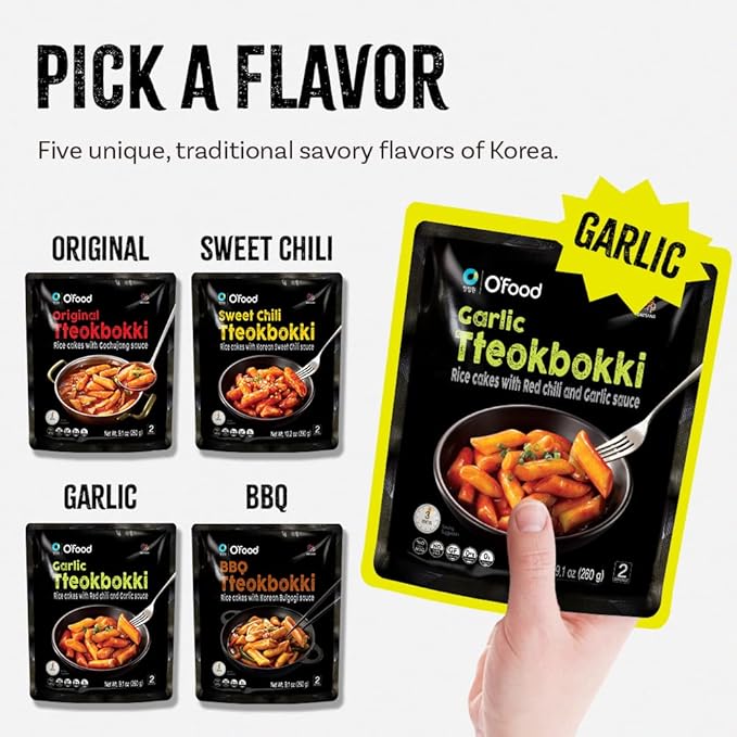 O’Food Tteokbokki Korean Rice Cakes – [Garlic | Pack of 1] – Gluten-Free (Except BBQ), Healthy/Savory/Bold/Fiery, 0 Cholesterol/ 0 Trans Fat/No MSG/No Corn Syrup, Spicy Street Snack, Ready in Minutes