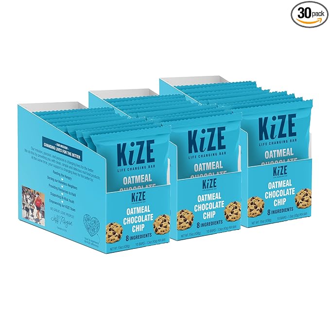 KiZE Energy Bars - Gluten Free, Dairy Free, Non-GMO, and High Protein Meal Replacement Energy Bars, Meal Bar, Clean and Simple Food Ingredients - Oatmeal Chocolate Chip, 7g High Protein Snacks, (30 Count)