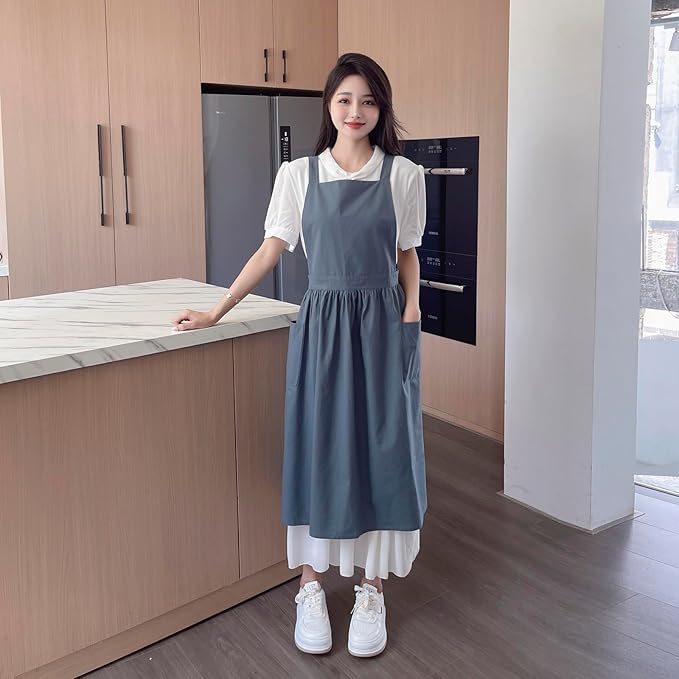 Pinafore Apron Dress，Japanese Cotton Linen Cross Back Apron for Women with Pockets，Pinafore Dress with Waist Ties (Turquoise Blue)