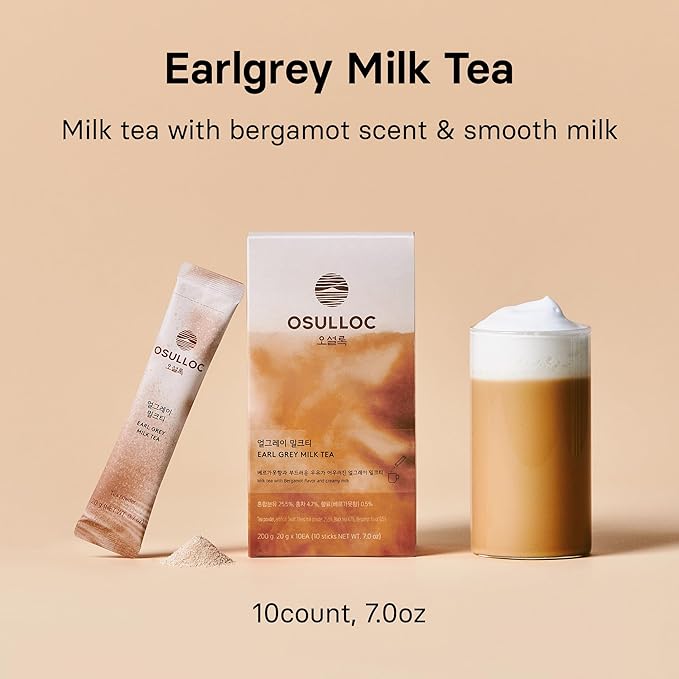 OSULLOC Earl Grey Milk Tea (7oz X 10 Packets), Easy on-the-go Stick type Powder Blended tea, Earlgrey with Bergamot scent mixed, Easy with water