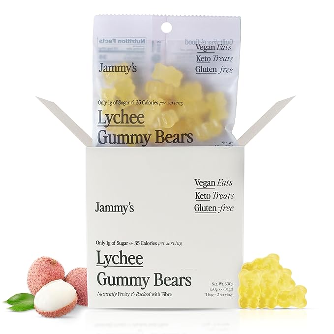 Jammy's™ - Lychee Gummy Bears | Sugar-Free & Vegan-Friendly | Keto-Friendly, Gluten-Free, Low Carb, High Fibre & Naturally Fruity | Delicious, Soft & Chewy | Box of 6 x 50g Bags