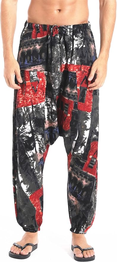 AITFINEISM Men's Drawstring Aladdin Hippie Harem Pants Loose Drop Crotch Trousers