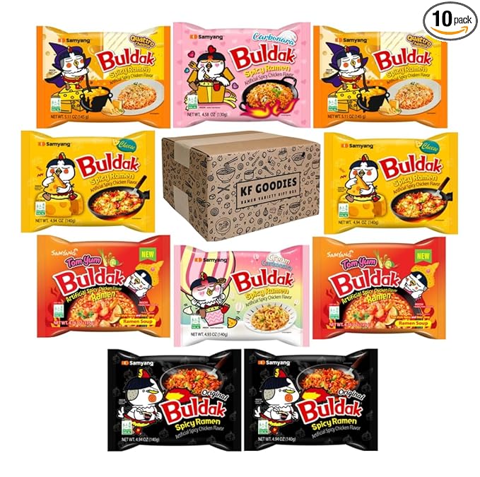 KF GOODIES Korean Ramen Variety Pack Gift Box (10 Count - Carbonara, Cream Carbonara, Cheese (2), Original (2), Quattro Cheese (2), Tom Yum (2)) – Spicy Buldak Noodle Assortment for Birthdays, College Care Packages, Office Snacks, and Gift Baskets