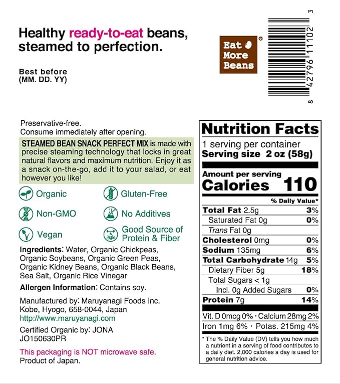 Steamed Bean Snack Series - PERFECT MIX ( Organic Chickpeas, Organic Soybeans, Organic Green Peas, Organic Kidney Beans, Organic Black Beans) - Box of 10