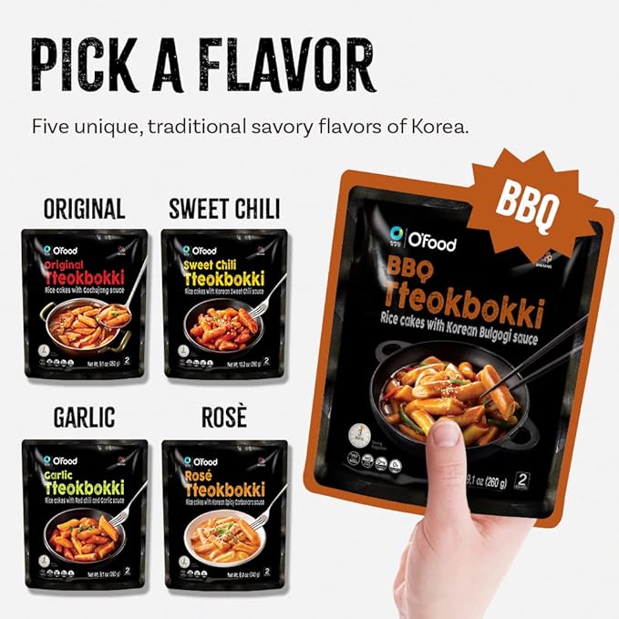 O’Food Tteokbokki Korean Rice Cakes – [BBQ | Pack of 1] – Healthy/Savory/Bold/Fiery, 0 Cholesterol/ 0 Trans Fat/No MSG/No Corn Syrup, Spicy Street Snack, Ready in Minutes