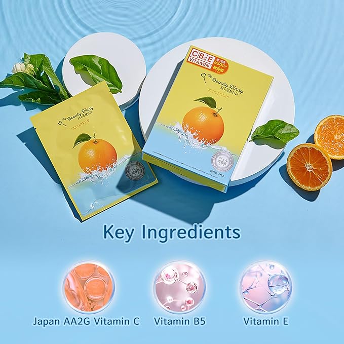 My Beauty Diary Vitamin B5+C Intensive Repair Mask, Glowing and Moisturizing Facial Mask, Restores Skin Radiance, Self Care Face Sheet Mask for Dull Skin and All Skin Types (8 pcs)